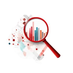 Icon showing magnifying glass over financial charts